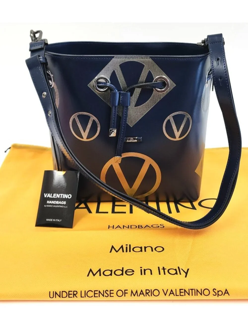 Valentino by Mario Valentino Logo Leather Bucket Crossbody Shoulder Bag Blue